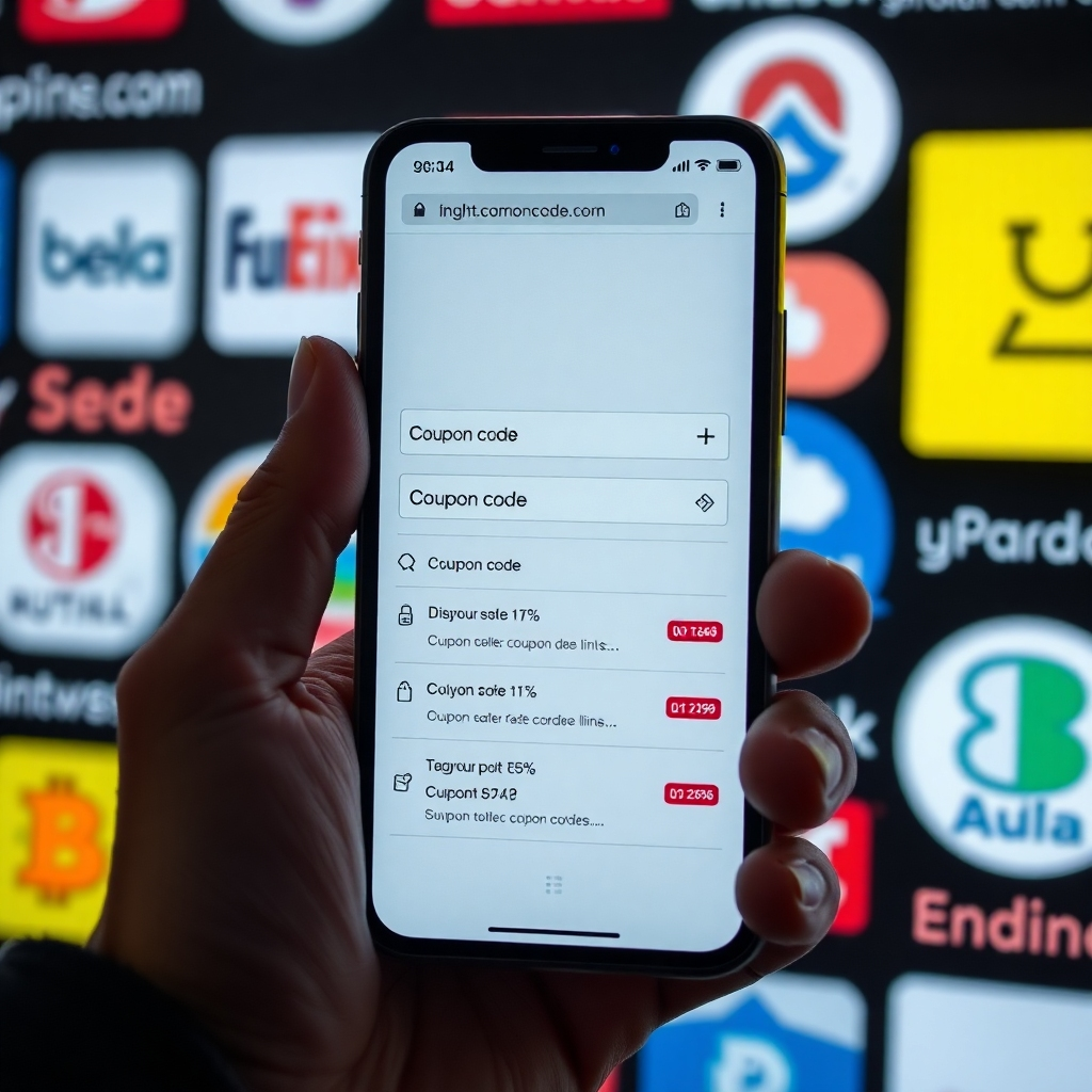 A photorealistic image of a person's hand holding a smartphone displaying a website with a visible coupon code input field, alongside several highlighted discount links. The background should feature various online store logos, emphasizing a diverse selection of retailers.