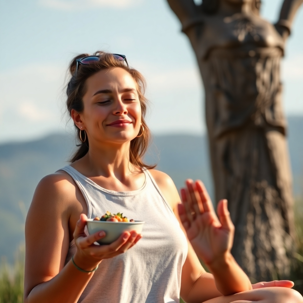 A photorealistic image of a person feeling confident and healthy.  They could be enjoying a healthy meal, meditating peacefully, or practicing yoga outdoors in nature. The image should emphasize a holistic approach to well-being, incorporating elements of physical health, mental clarity, and nutritional balance. The overall mood should be serene, peaceful, and empowering.