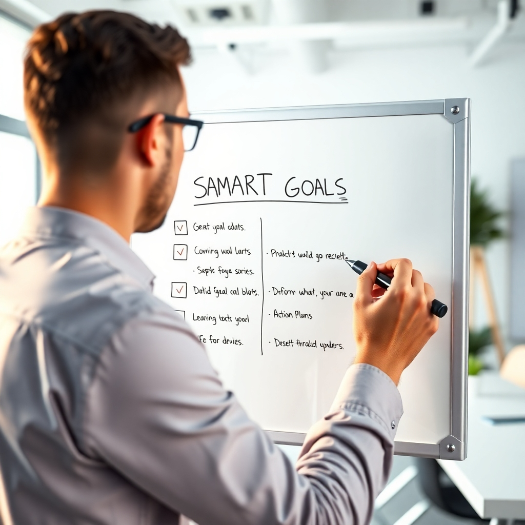 A photorealistic image of a person writing SMART goals on a whiteboard. The whiteboard should clearly display a SMART goal framework with a detailed action plan. The background should be a bright, inspiring office space with positive vibes.  The image should convey focus and determination.