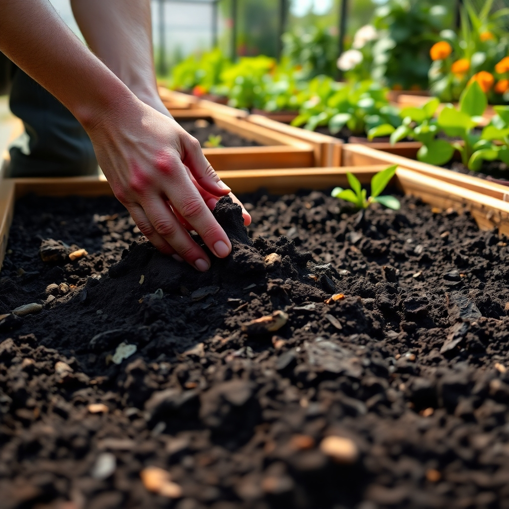 A photorealistic image of a person's hands gently mixing soil in a raised garden bed. The soil should be dark, rich, and moist, with visible compost and other organic matter.  The background should depict a vibrant garden with healthy-looking plants growing in similar raised beds. The lighting should be bright and natural.