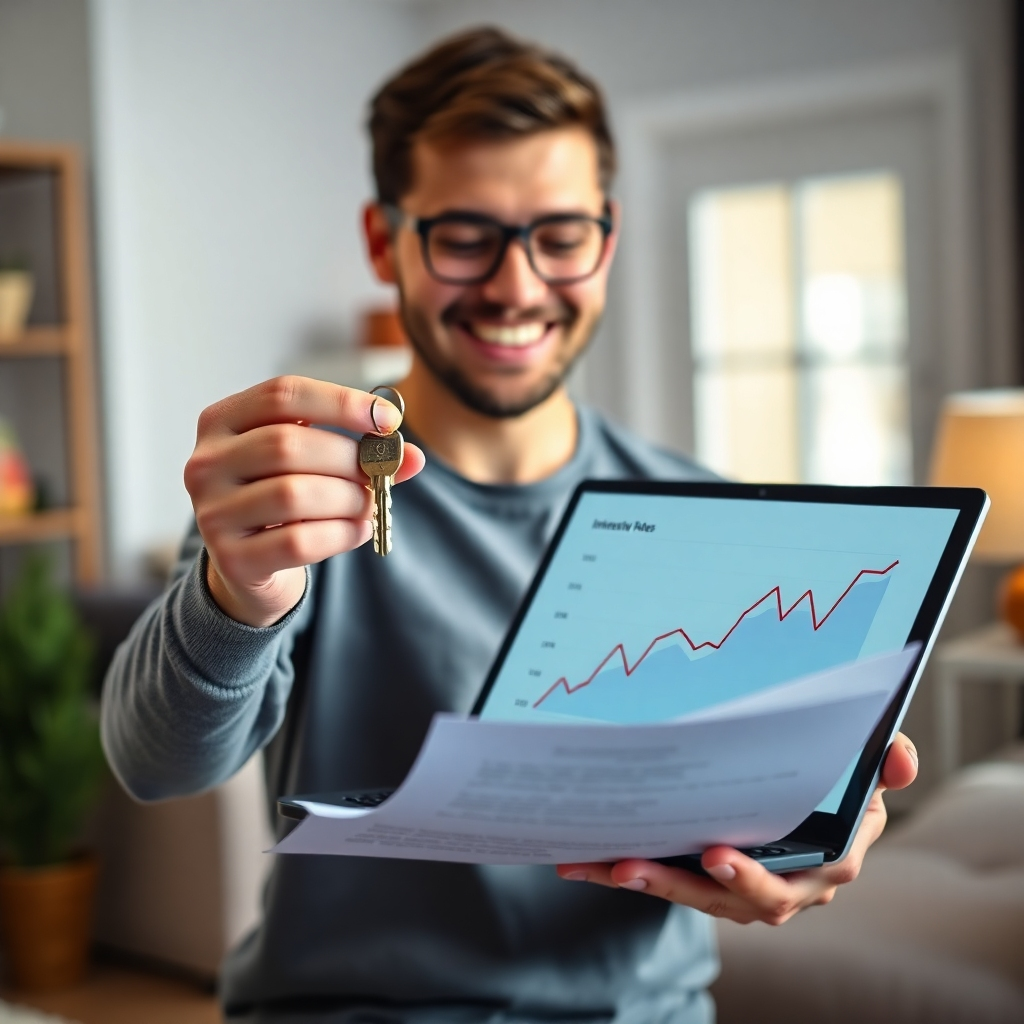 A photorealistic image of a person happily holding the keys to a new house while reviewing documents and a laptop showing a graph with an upward trending line showcasing improved interest rates.  The background should be slightly blurred, focusing attention on the person's happiness and the documents. High resolution and detailed.