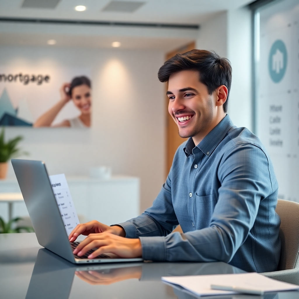 A photorealistic image of a person sitting at a desk, smiling and looking at a laptop screen showing various mortgage options from different lenders. The background should be a modern, bright office with subtle branding of a mortgage brokerage. The overall mood should be positive and reassuring, conveying the sense of choice and opportunity.