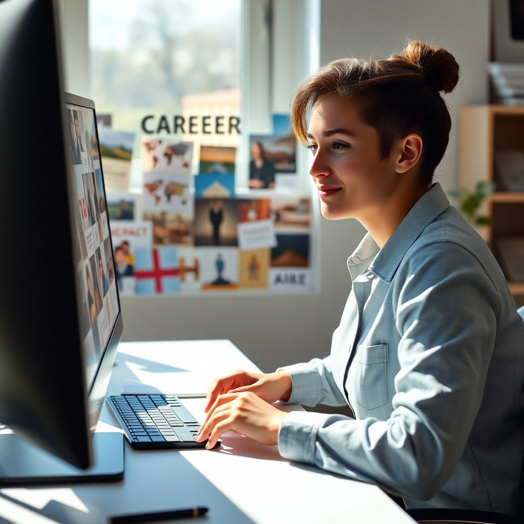 A photorealistic image of a person sitting at a desk, thoughtfully looking at a vision board filled with images and words representing their career aspirations. The setting should be bright and airy, conveying a sense of optimism and clarity. The person should appear calm and focused, with a subtle smile suggesting a positive outlook on their future career path.