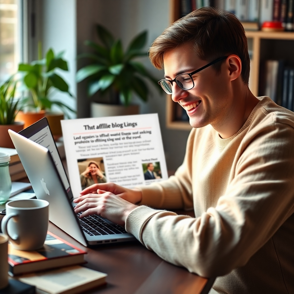 A photorealistic image of a person smiling and working on a laptop, surrounded by books, plants, and a coffee cup. The laptop screen shows a well-written blog post with engaging visuals, subtly incorporating affiliate links.