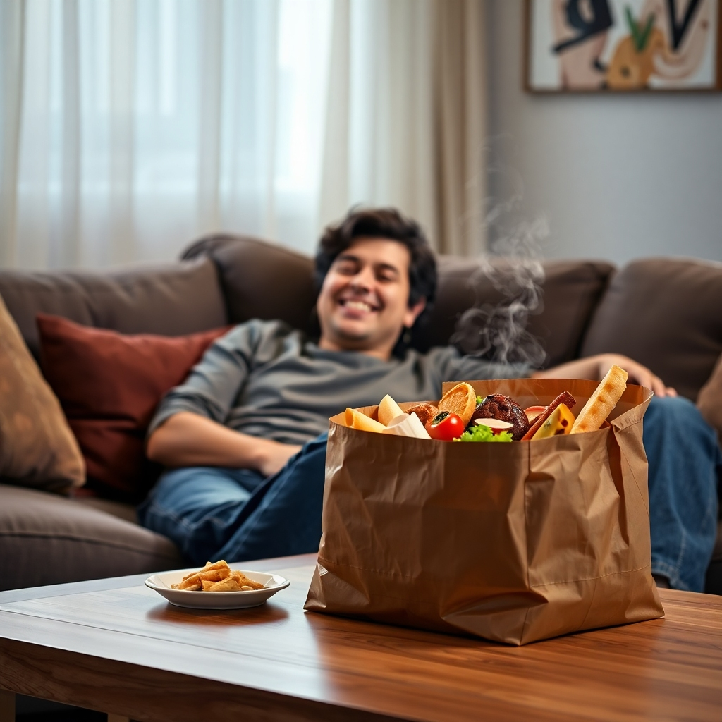 A photorealistic image of a person smiling while comfortably relaxing on a couch in their living room, a steaming food delivery bag rests on a coffee table beside them, showcasing diverse and delicious-looking food items inside. The background is softly blurred, suggesting a cozy and relaxing atmosphere. The lighting is warm and inviting, highlighting the appealing food. The overall mood is one of contentment and satisfaction.