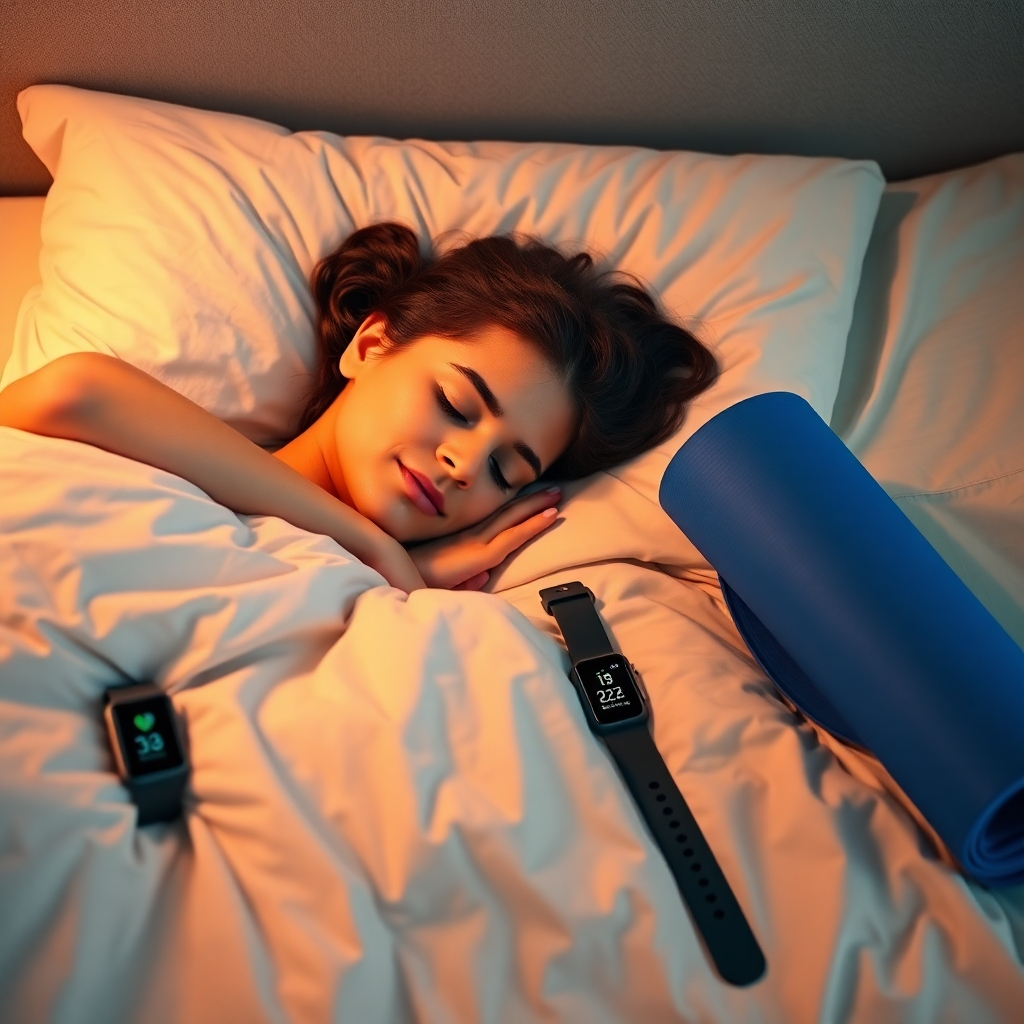 A photorealistic image of a person peacefully sleeping in a comfortable bed, next to a neatly arranged fitness tracker and yoga mat, indicating a balanced approach to fitness and rest. The image should evoke feelings of serenity, relaxation, and renewal. The lighting should be soft and warm.