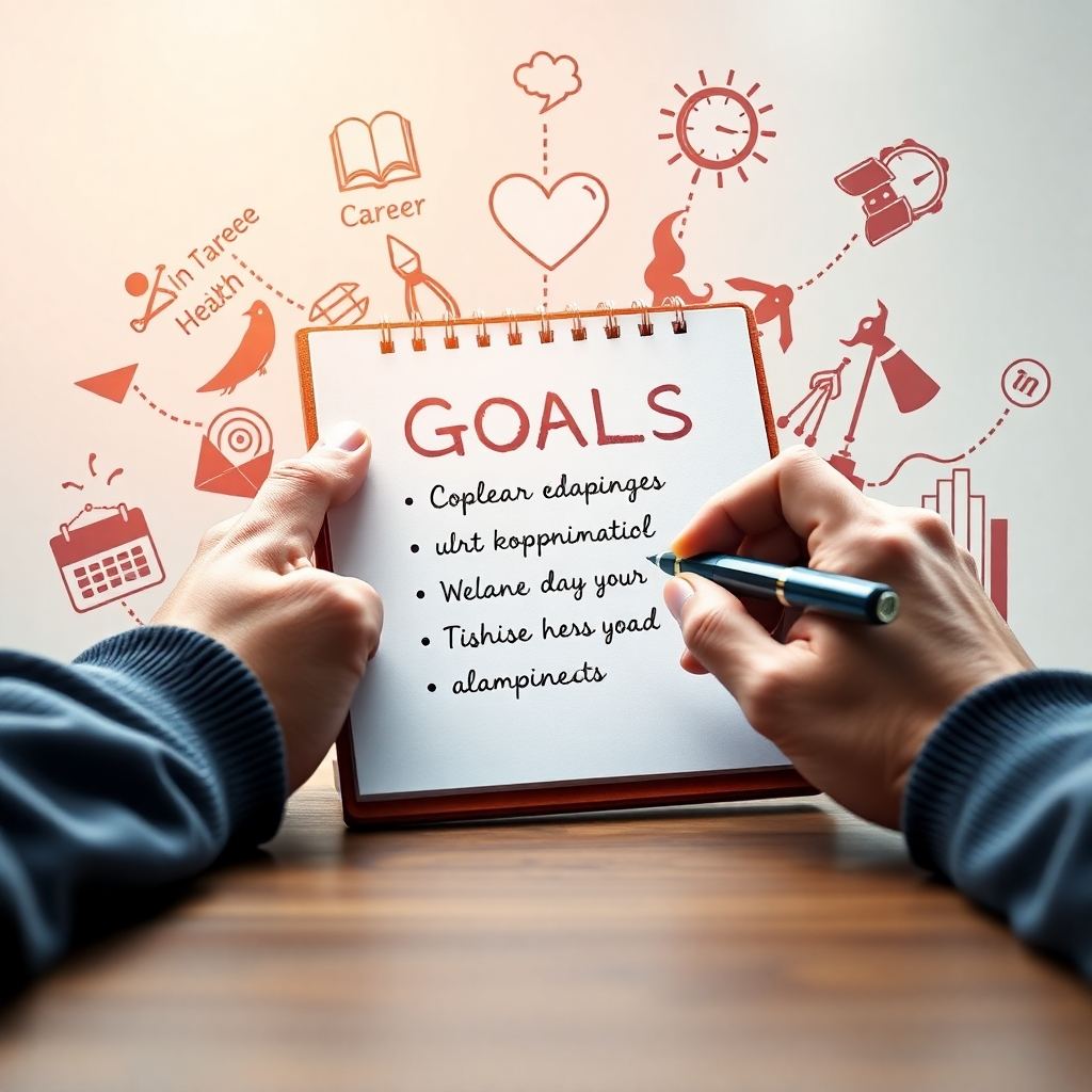 A photorealistic image of a person writing down goals on a notepad.  The notepad is surrounded by visual elements representing different areas of life like career, health, relationships, and personal growth, all radiating positivity and achievement. The overall mood should be optimistic and driven.