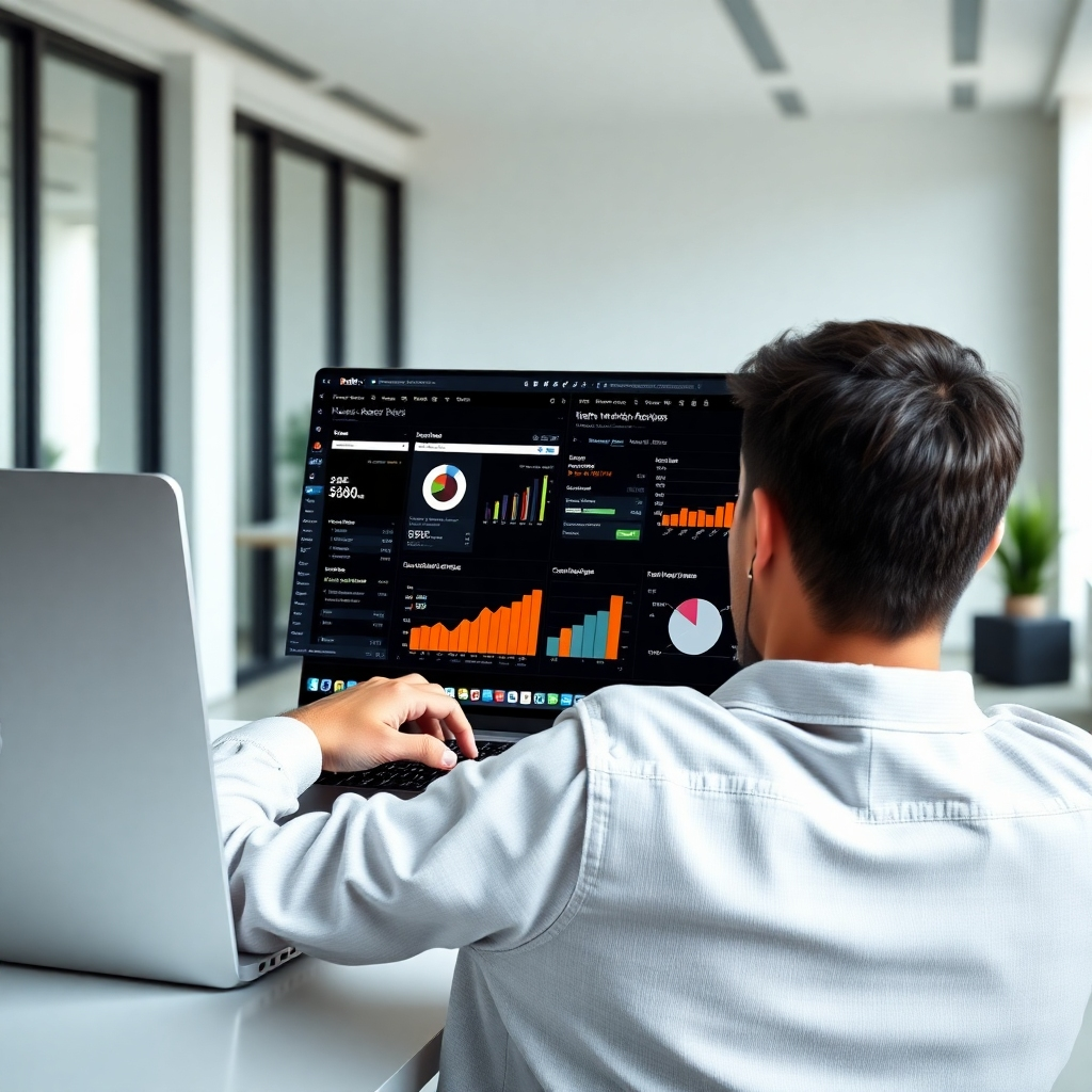 A photorealistic image of a person sitting at a laptop, thoughtfully looking at multiple browser tabs displaying market research data, keyword research tools, and competitor analysis charts. The background should be a modern, minimalist office space with natural light. The overall mood should be one of focused determination and strategic planning.