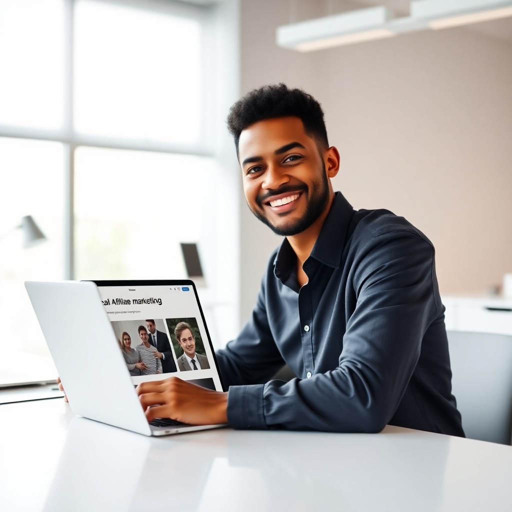 A photorealistic image of a person smiling and confidently looking at the camera while sitting at a clean, modern desk with a laptop showing a blog post about affiliate marketing. The background should be a minimalist, bright office space with natural light. The overall mood should be positive and productive, conveying the idea of creating high-quality content.