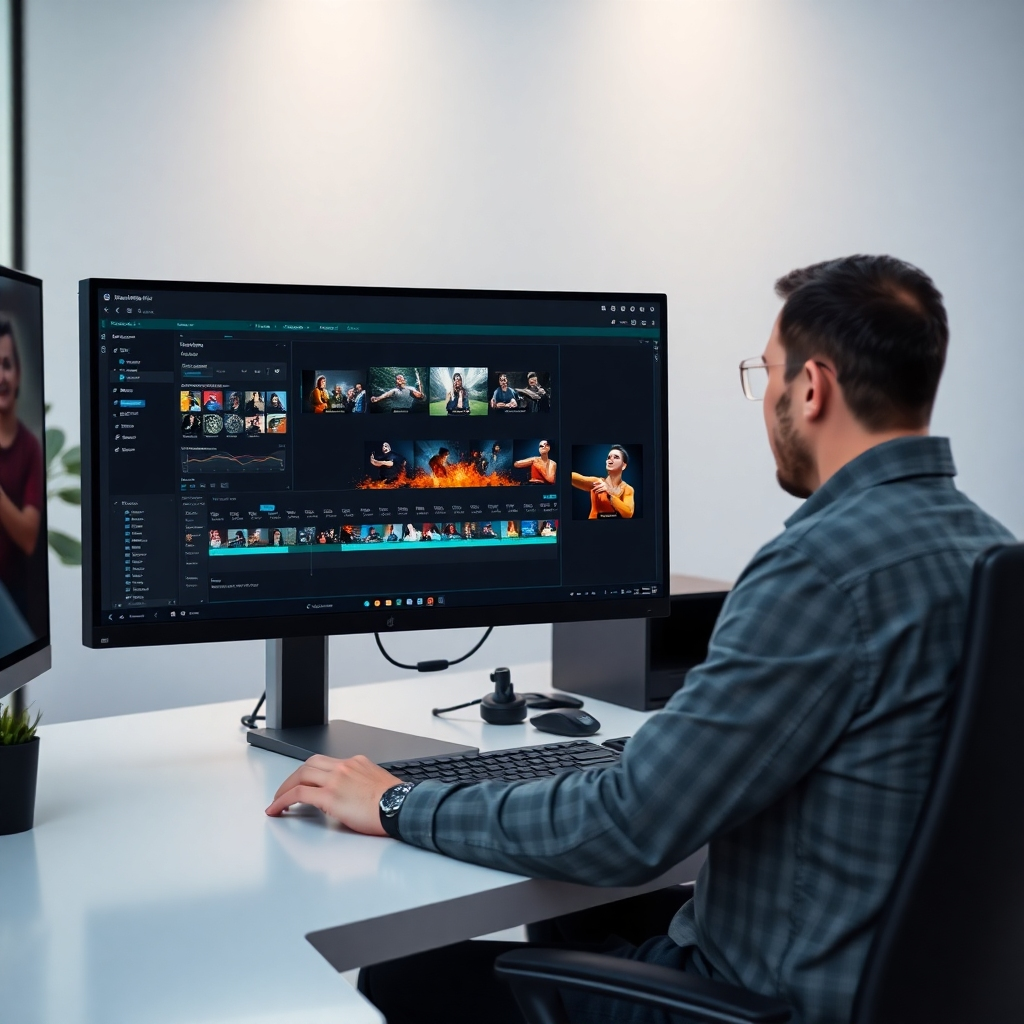 A photorealistic image of a person sitting at a computer, focused on a video editing software interface, with highlighted tools like timeline, effects, and transitions. The background should be a modern, minimalist workspace.