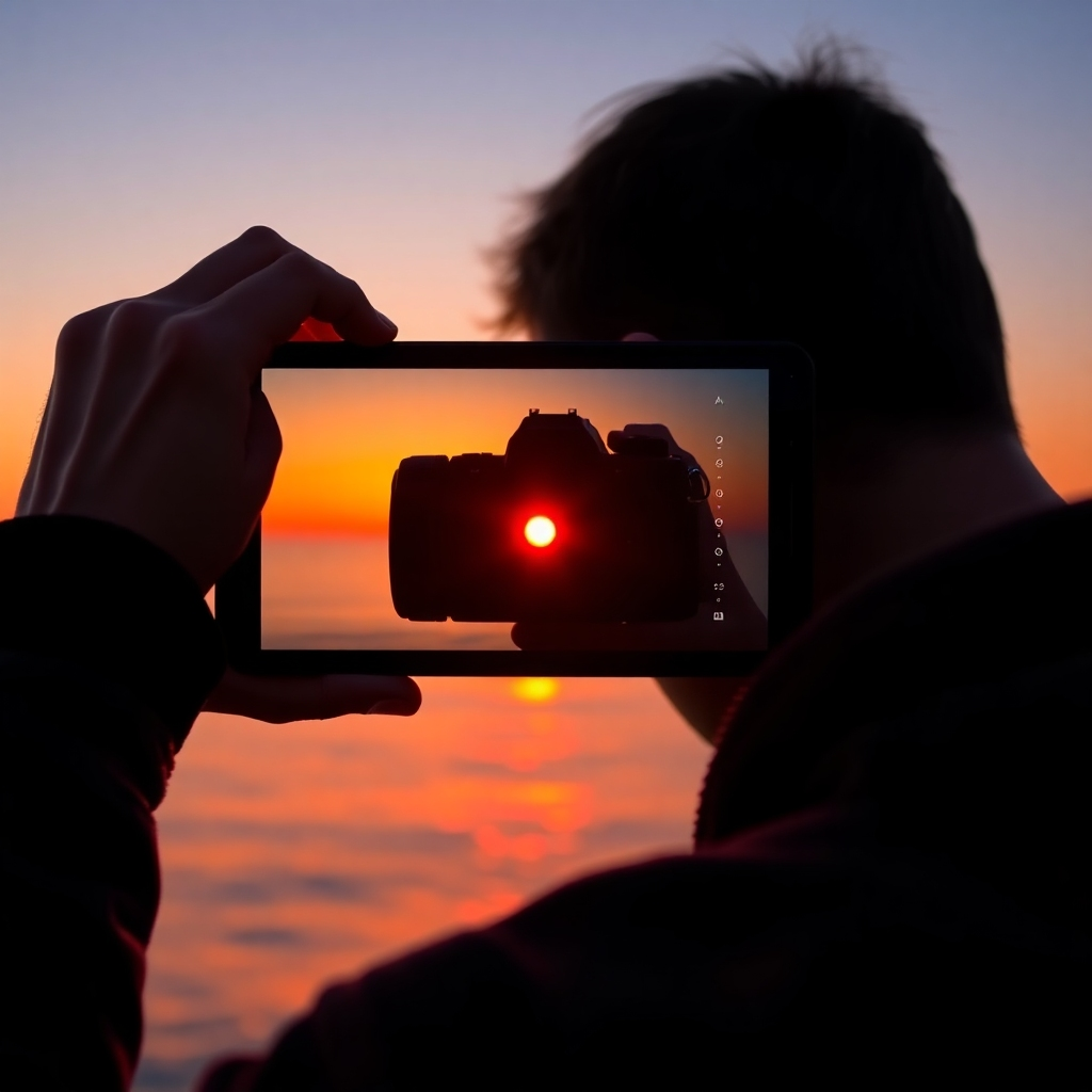 A photorealistic image of a photographer carefully framing a shot of a vibrant sunset over a calm ocean, using the rule of thirds; the photographer is subtly visible, holding a professional DSLR camera with a telephoto lens. The scene is bathed in warm golden light, with a clear sky and calm water reflecting the sunset. High detail, cinematic lighting, 8k resolution