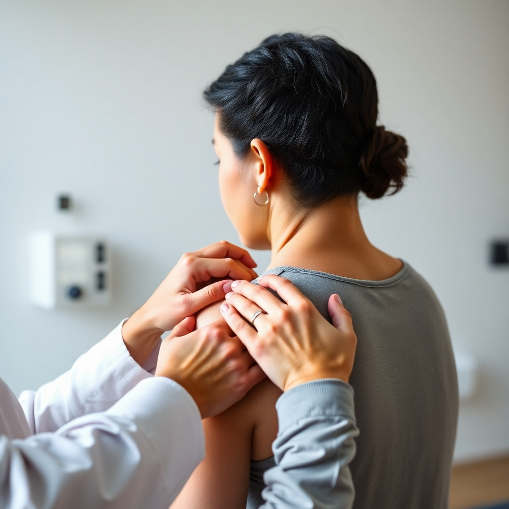 A photorealistic image of a physiotherapist performing manual therapy on a patient's shoulder. The image should show the therapist's hands gently manipulating the patient's shoulder, with a focus on the detail of the therapist's touch and the patient's relaxed expression.  The background should be a clean, well-lit physiotherapy clinic setting.  High resolution, sharp focus, professional lighting.