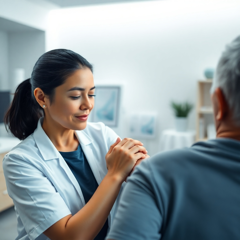 A photorealistic image of a physiotherapist gently massaging the shoulder of a patient, with a serene and calming atmosphere in a well-lit physiotherapy clinic. The patient should show an expression of relief. High detail, sharp focus, realistic lighting and textures are required.
