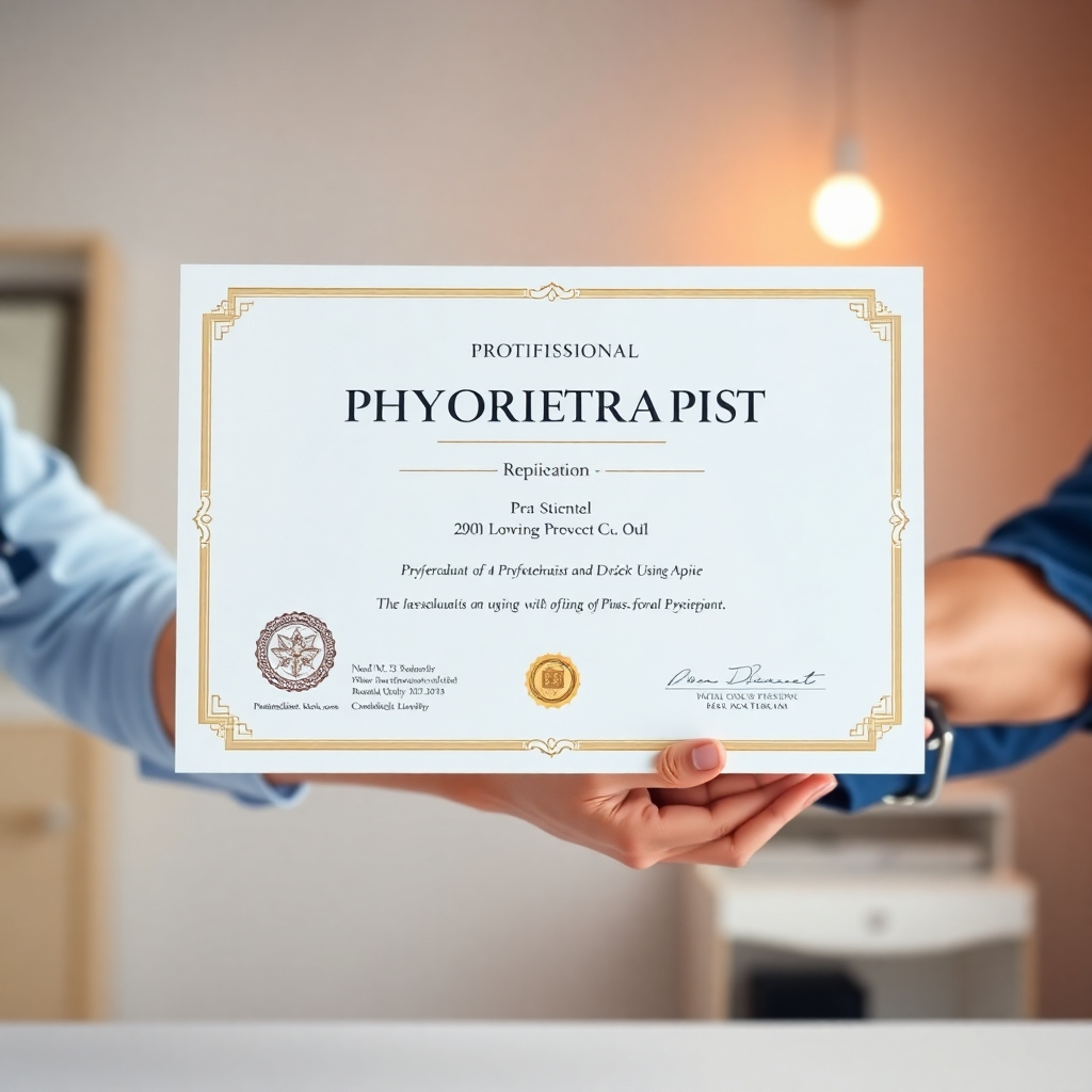 A photorealistic image of a physiotherapist's professional certificate displayed prominently, with hands holding a patient's arm in the background, slightly blurred; the background should have a subtle medical clinic feel with soft, warm lighting; the image should convey trust and professionalism.