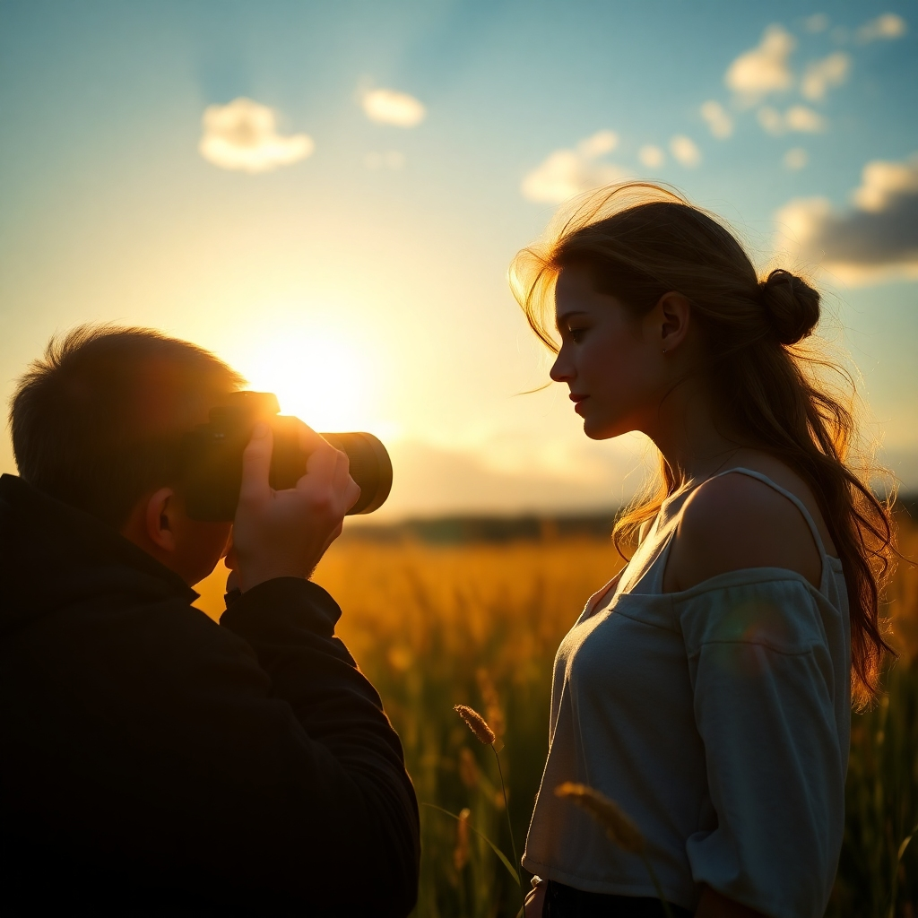 A photorealistic image of a photographer with a DSLR camera taking a picture of a model in a field during the golden hour. The sun is low on the horizon casting a warm golden light on the scene, illuminating the model and the photographer.  The background is slightly blurred and shows tall grass and a vibrant blue sky with fluffy clouds. High detail, cinematic lighting, 8k resolution