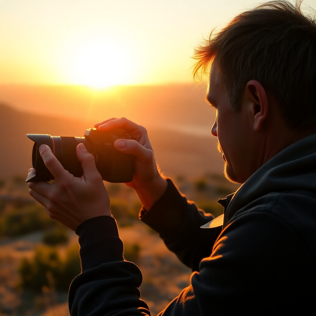 A photorealistic image of a photographer adjusting their camera settings while observing the golden hour light illuminating a scenic landscape.  The scene should showcase a warm, soft light casting long shadows, with a professional-looking DSLR camera in focus. The photographer should appear engrossed and focused on the scene before them.  High detail, cinematic lighting, 8k resolution