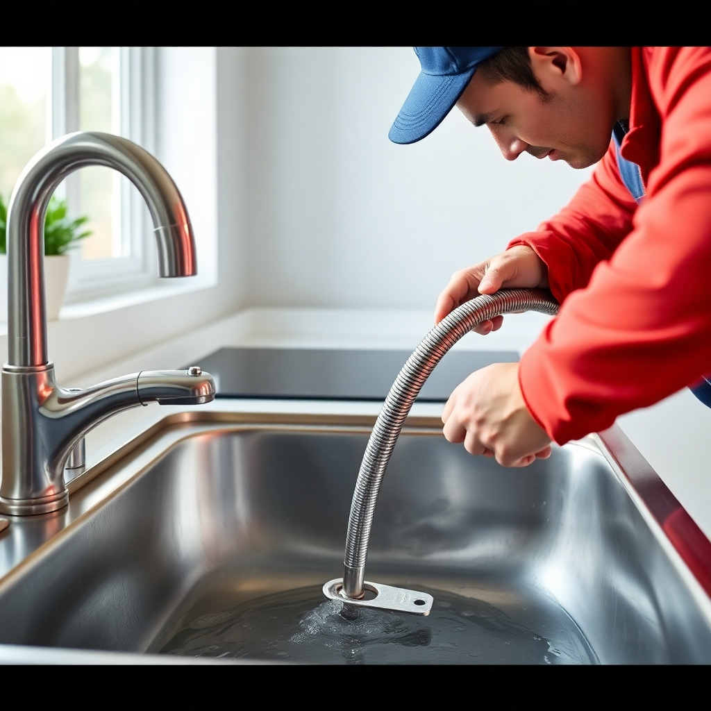 A photorealistic image of a plumber using a drain snake to clear a clogged drain in a kitchen sink.  The sink should be stainless steel, the drain snake should be clearly visible, and water should be present. The background should be a clean, modern kitchen with natural lighting. High detail, 8k resolution, sharp focus.
