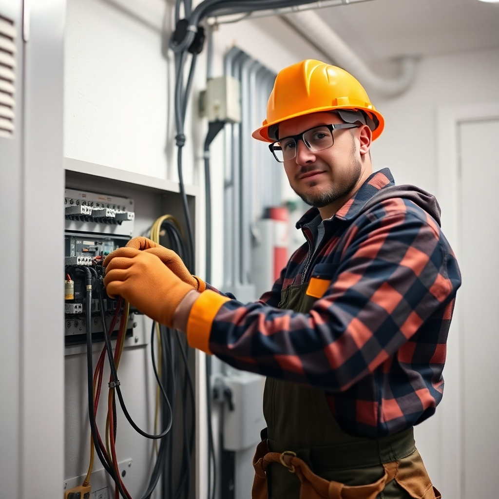 A photorealistic image of a professional electrician wearing a hard hat, safety glasses, insulated gloves, and work boots, working on a residential electrical panel. The background should be a clean, well-lit garage with the electrician carefully working on wiring. High-resolution, detailed, sharp focus on the electrician and their equipment, emphasizing safety.