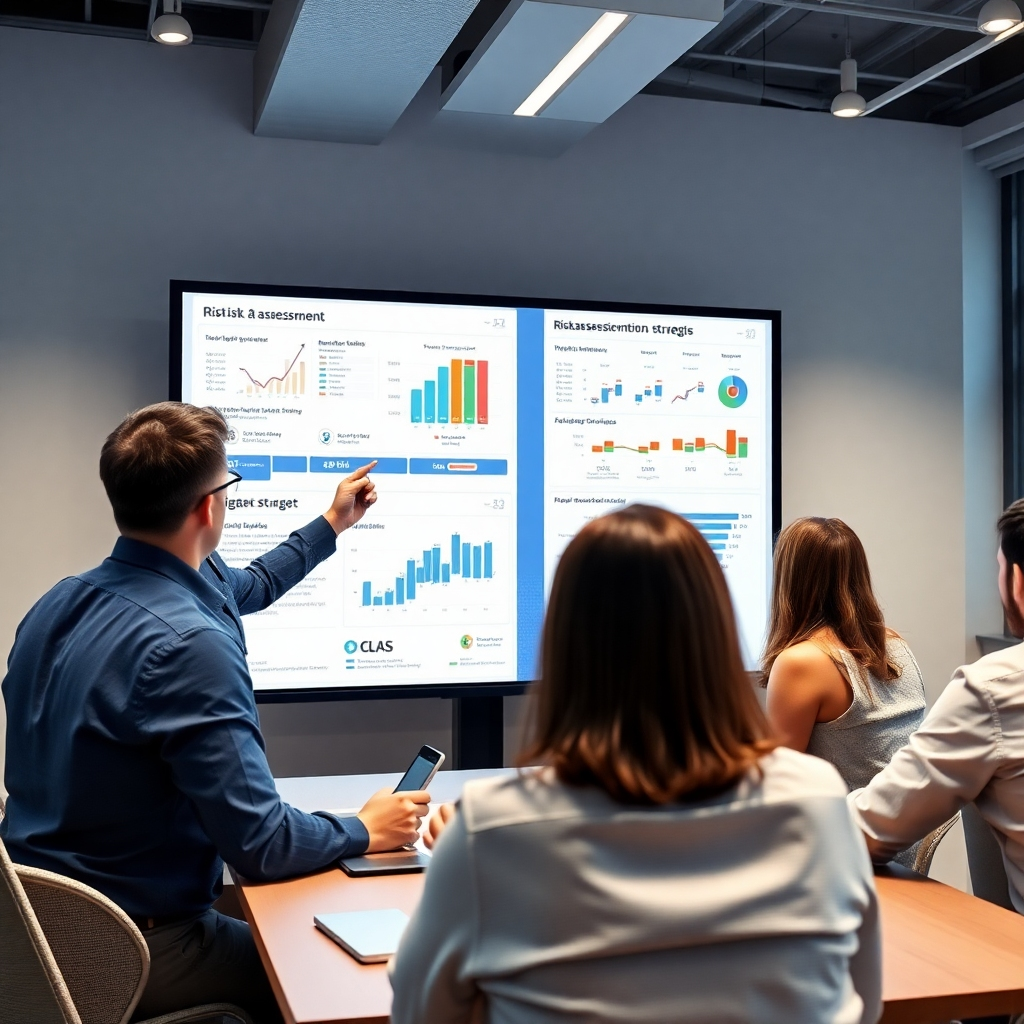 A photorealistic image of a project manager leading a team meeting, reviewing risk assessment charts and mitigation strategies displayed on a large screen. The room should be modern, well-lit, and the team should appear engaged and professional. The charts and graphs should be visible and easy to understand, conveying a sense of careful planning and risk awareness.