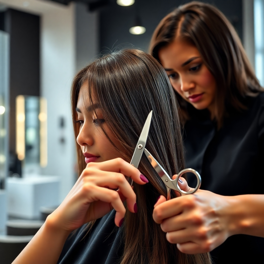 A photorealistic image of a professional hairstylist carefully cutting a client's hair with precision shears in a modern, well-lit hair salon. The client should have healthy, shiny hair. Focus on the detail of the haircut and the stylist's skilled hands.  The salon should have a minimalist, chic design with natural lighting.