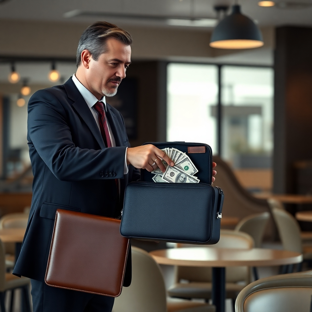 A photorealistic image of a private investigator handing a briefcase containing a significant amount of cash to a relieved client. The scene should be set in a neutral location, like a quiet cafe, creating a sense of professionalism and successful mission accomplishment. The background should be slightly blurred to emphasize the client and investigator.