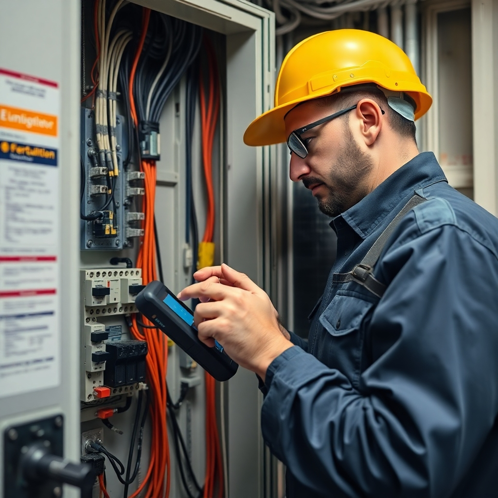 A photorealistic image of a professional electrician performing a thorough inspection of a commercial building's electrical panel using advanced diagnostic tools. The image should show the electrician carefully checking wiring, circuit breakers, and other components.  The image must convey a sense of meticulous attention to detail and professionalism. High-resolution, detailed, sharp focus, emphasizing the precision and thoroughness of the inspection.