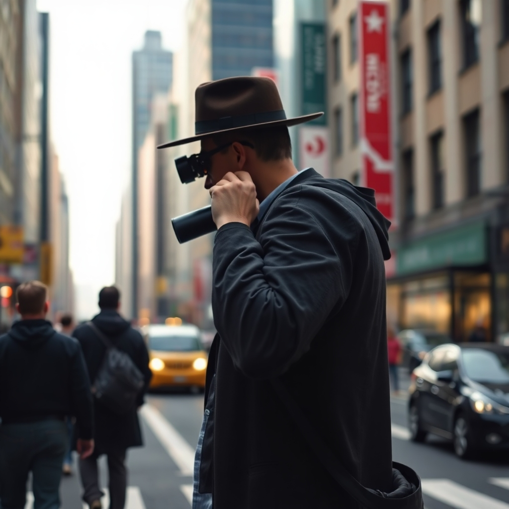 A photorealistic image of a private investigator, dressed in casual clothes, discreetly observing a subject from a distance across a busy city street.  The investigator is partially obscured by shadows, using binoculars, with a shallow depth of field blurring the background. The overall mood is one of secrecy and vigilance. The image should have a cinematic quality.