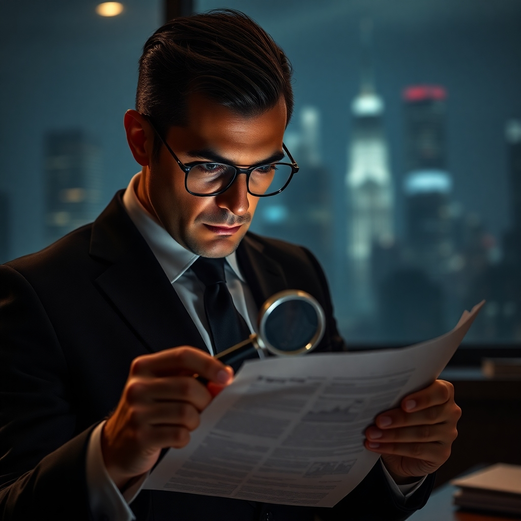 A photorealistic image of a private investigator, impeccably dressed in a dark suit, subtly examining documents under a magnifying glass in a dimly lit, sophisticated office.  The background should be blurred but suggest a city at night, emphasizing a sense of mystery and professionalism. The investigator's expression should be serious and focused, conveying expertise and discretion.