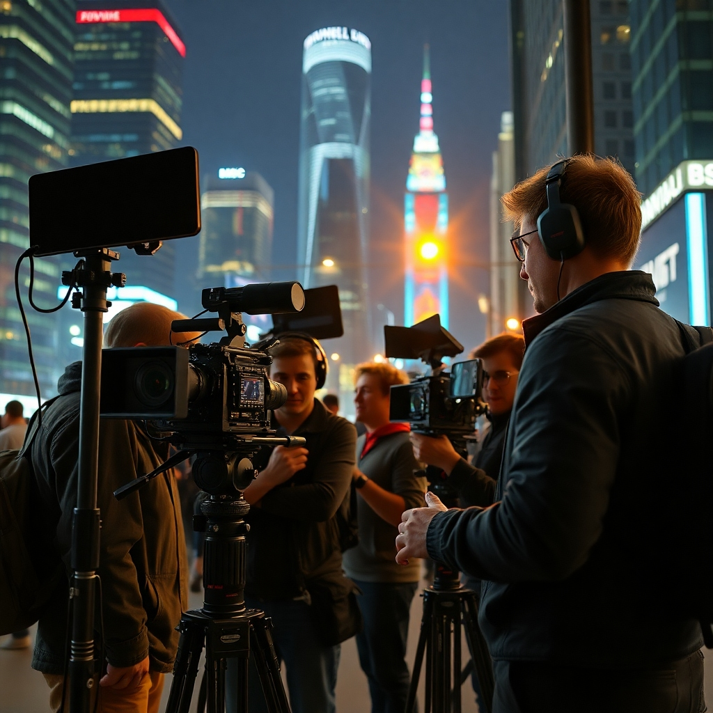 A photorealistic image of a professional film crew working on a movie set, using high-end cameras and lighting equipment.  The scene should be vibrant and energetic, showcasing teamwork and focus.  The background should be a modern city at night, with visible skyscrapers and neon lights. The image should have a cinematic feel, with shallow depth of field and dramatic lighting, focusing on the crew and equipment. Include details such as high-definition cameras, professional lighting rigs, and sound equipment, such as boom mics and wireless lavalier microphones.