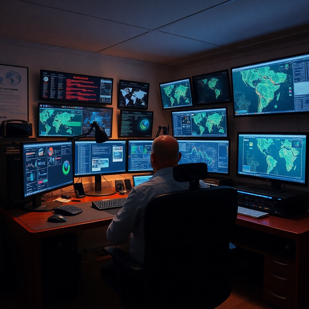 A photorealistic image of a private investigator's workspace showcasing a high-tech setup. This includes multiple computer screens displaying complex data, advanced software interfaces, GPS tracking maps, and other technological tools indicative of modern investigation techniques. The room should be modern, well-lit, and organized, conveying a sense of professionalism and technological expertise.