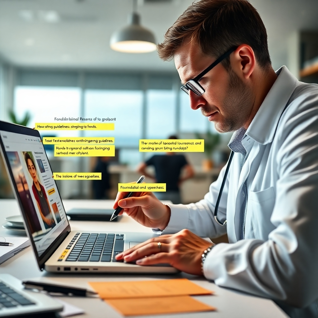 A photorealistic image of a researcher meticulously reviewing grant guidelines and foundation mission statements, surrounded by highlighted text and notes.  The setting should be a bright, modern office, conveying focus and attention to detail. Include a laptop displaying a funder's website.