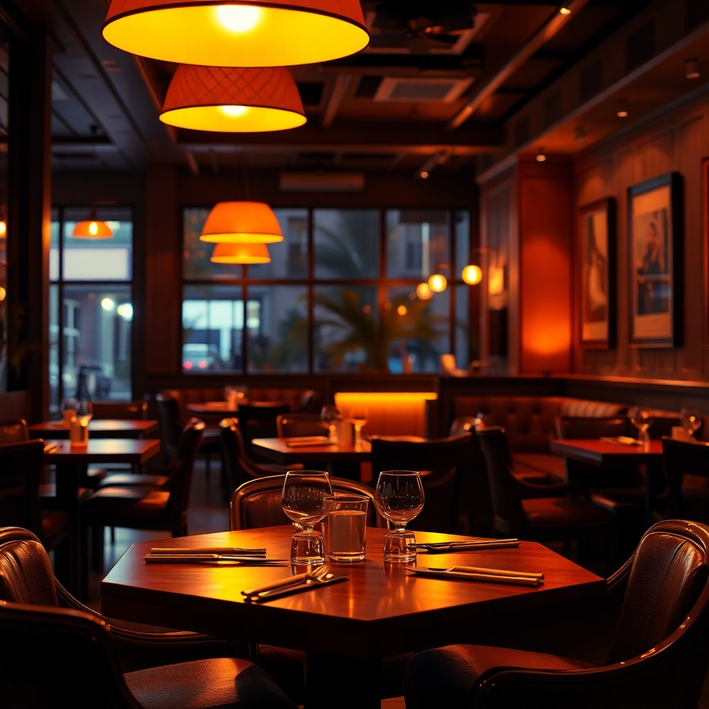 A photorealistic image of a restaurant interior at night. Warm, golden light illuminates wooden tables, comfortable chairs, and soft lighting fixtures. The scene should feel intimate and inviting, with a focus on the lighting's effect on the overall ambiance.  Include subtle background details like plants and art to enhance the feeling of warmth and comfort. The image should have a shallow depth of field, focusing on a specific table setting.