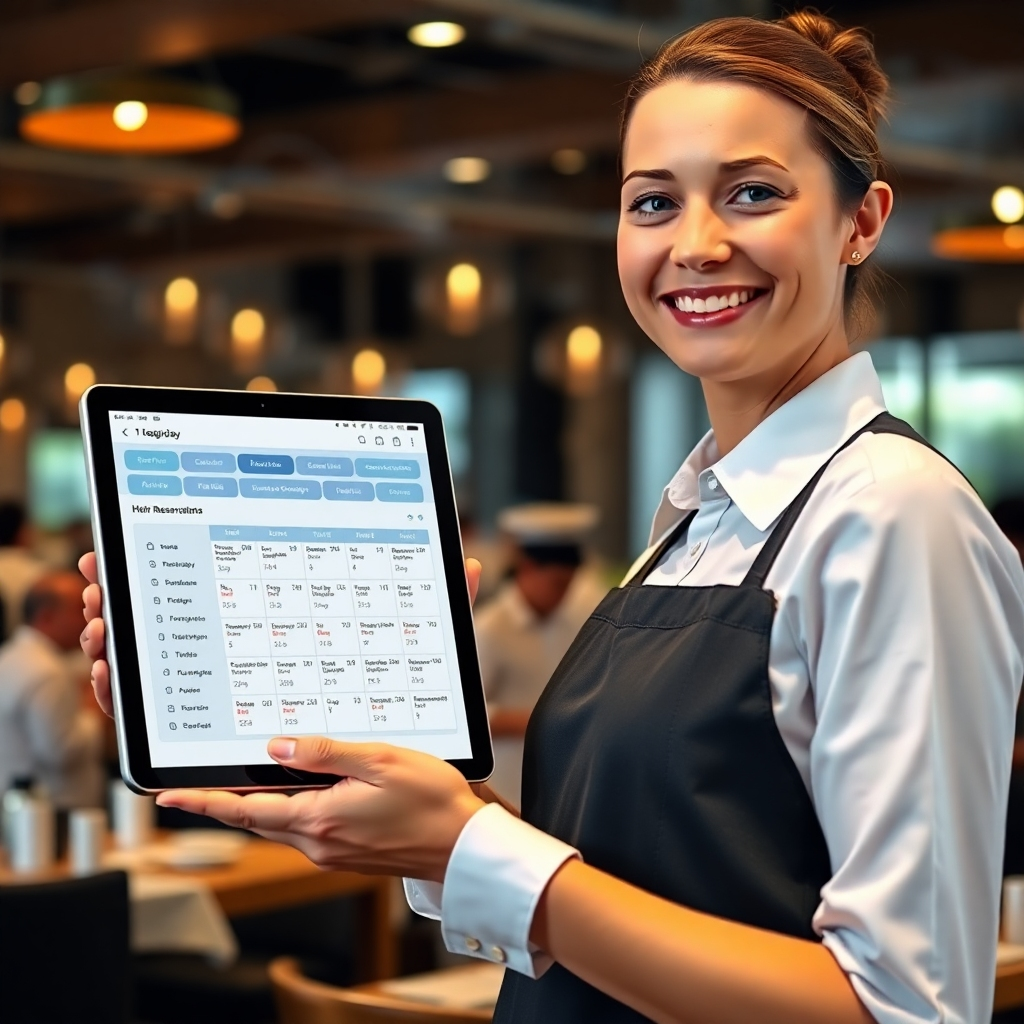 A photorealistic image of a restaurant staff member using a tablet or computer to manage restaurant reservations. The screen should display a sophisticated reservation management system with clear visuals, such as a calendar view of bookings and a list of customer details. The background should be a busy but organized restaurant setting, showcasing the smooth workflow enabled by the system.  The staff member should have a friendly and professional demeanor. The overall aesthetic should be clean, efficient, and professional.