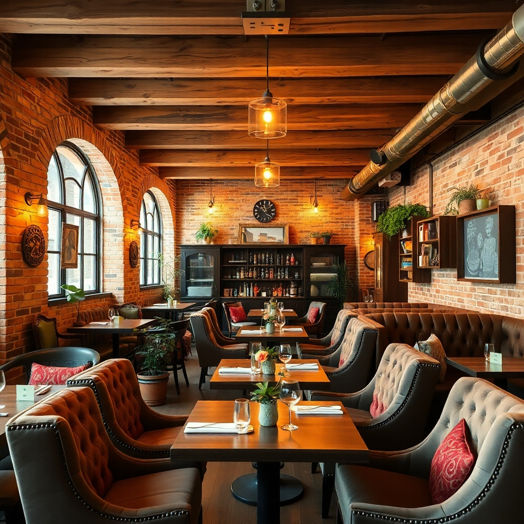 A photorealistic image of a restaurant interior with a rustic charm. Exposed brick walls, wooden beams, and warm lighting create a cozy atmosphere. Comfortable seating, such as plush armchairs and booths, is arranged around tables.  Include details like vintage decor, plants, and warm-toned textiles. The image should evoke a sense of comfort and nostalgia, highlighting the rustic aesthetic while maintaining a feeling of warmth and hospitality