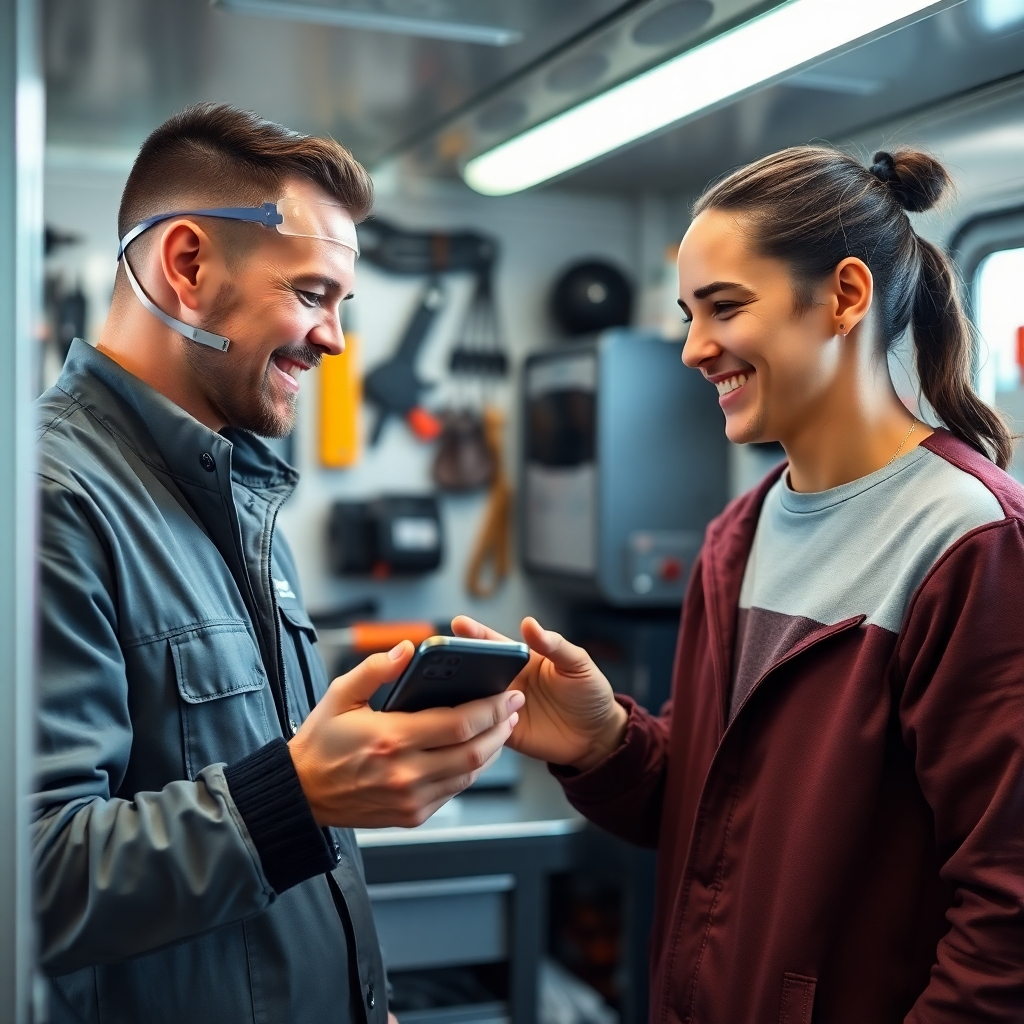 A photorealistic image of a satisfied customer receiving their repaired phone from a friendly technician in a modern and clean mobile repair shop.  The background should subtly show other repaired phones or tools, emphasizing the reliability of the service. The image should portray trust and professionalism.