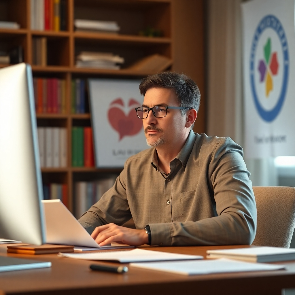 A photorealistic image of a serious but hopeful person sitting at a desk in front of a computer, thoughtfully reviewing a grant proposal. The background should include subtle imagery suggesting a philanthropic organization – possibly books, a charitable logo, or an image depicting the organization's cause.