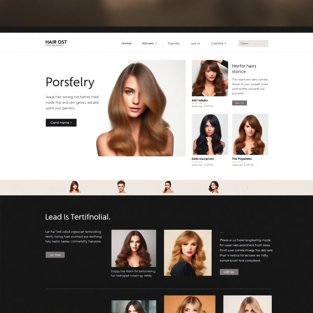 A photorealistic image of a sleek, modern website showcasing a hair stylist's portfolio.  High-quality photos of various hairstyles, before-and-after shots, and client testimonials are prominently displayed. The website should be clean, easy to navigate, and inspire trust and confidence. The overall aesthetic should be upscale and professional, using muted colors and high-resolution images.