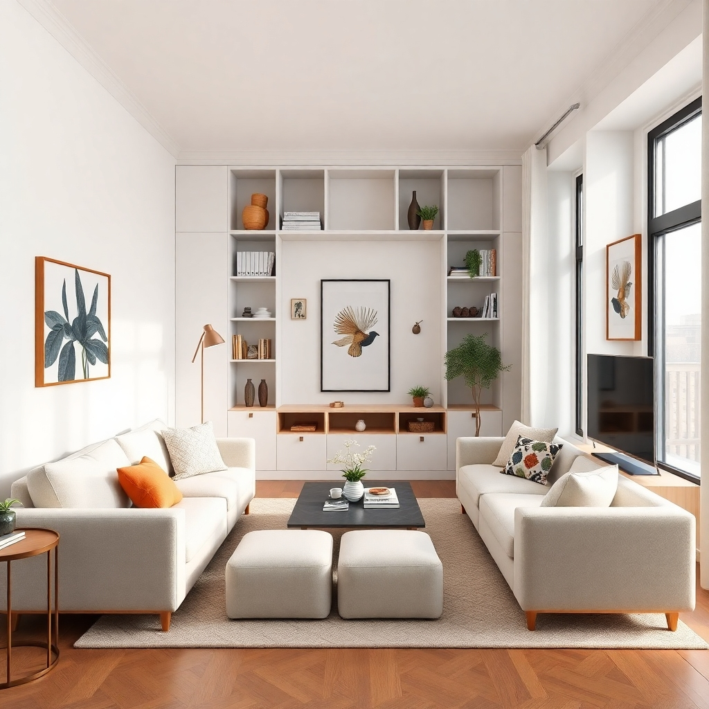 A photorealistic image of a small but efficiently designed apartment living room. The image should showcase smart storage solutions such as built-in shelving, ottomans with storage, and wall-mounted organizers. Furniture should be strategically placed to optimize space and flow, with a focus on both functionality and aesthetics. The overall mood should be bright, airy, and inviting, showcasing clever space-saving techniques. The lighting should be natural and soft.