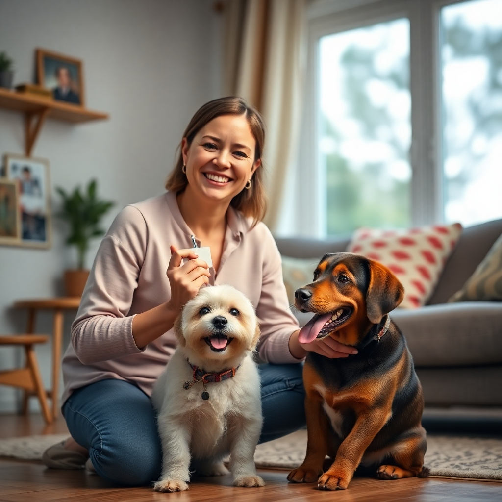 A photorealistic image of a smiling, trustworthy pet sitter showing identification to a client, with a happy dog playfully sitting by their feet in a well-lit home interior. The background should be slightly blurred, emphasizing the sitter and client.