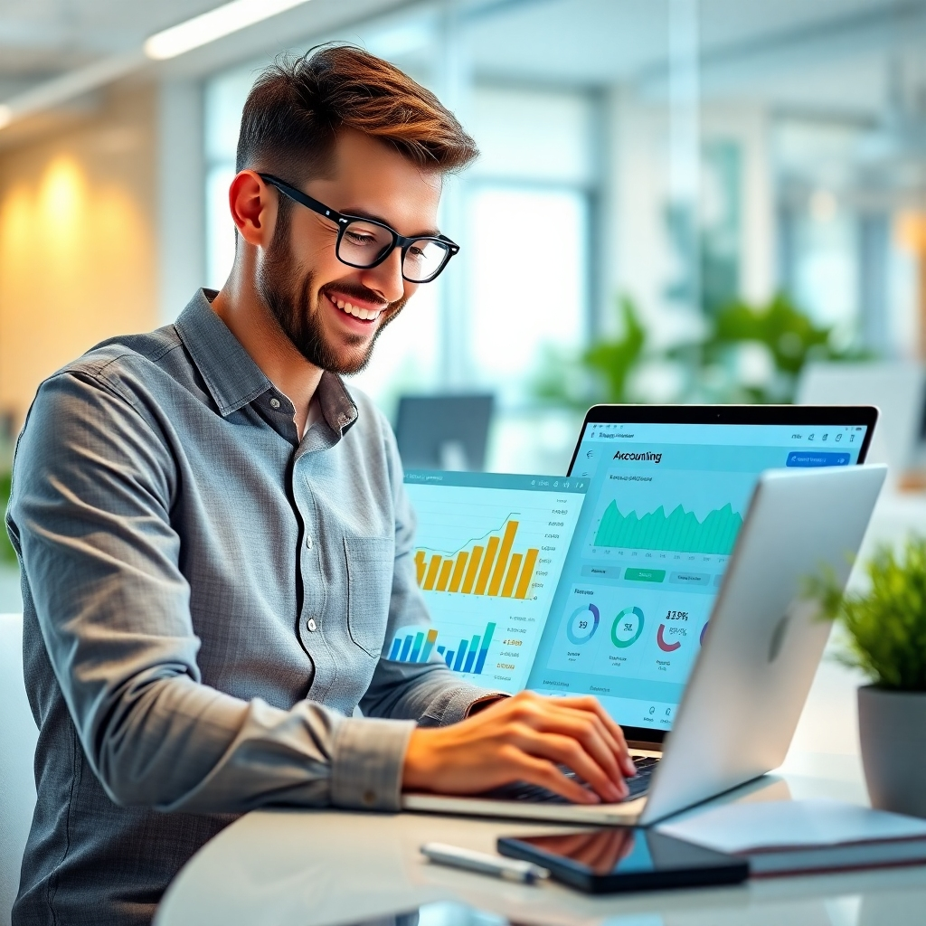 A photorealistic image of a small business owner smiling while looking at a laptop screen displaying user-friendly accounting software interface with charts and graphs, showcasing automated invoice generation, expense tracking, and financial reporting features. The background should be a bright, modern office setting.