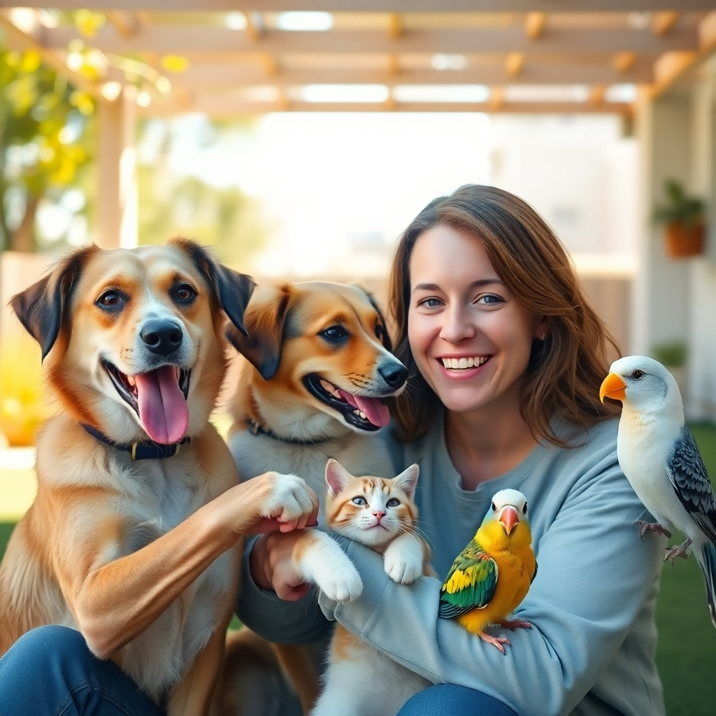 A photorealistic image of a smiling, trustworthy-looking woman in her 30s interacting gently with a variety of pets – a dog, a cat, and a bird – in a bright, airy outdoor setting. The image emphasizes a caring and reliable vibe.