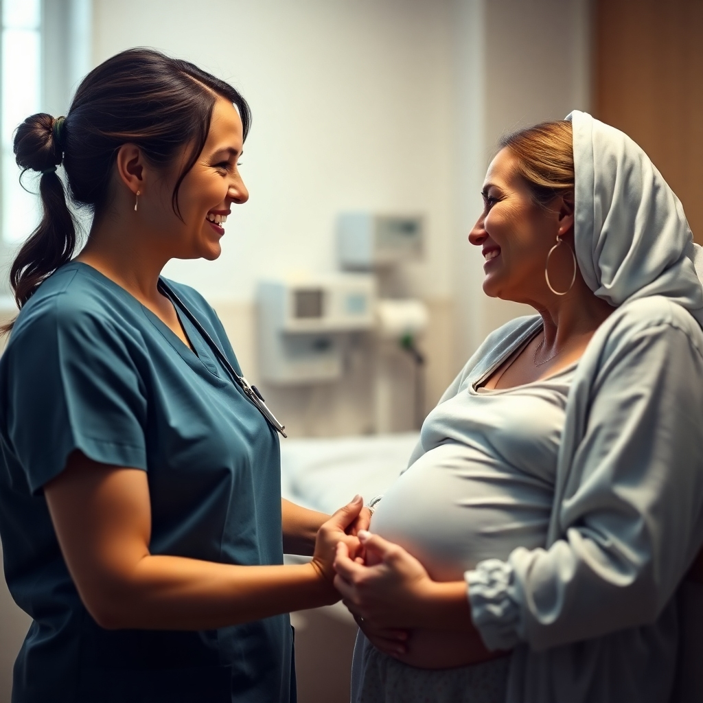 A photorealistic image of a smiling midwife gently holding the hand of a laboring woman, both looking at each other with trust and connection; soft lighting, warm colors, comfortable hospital room setting
