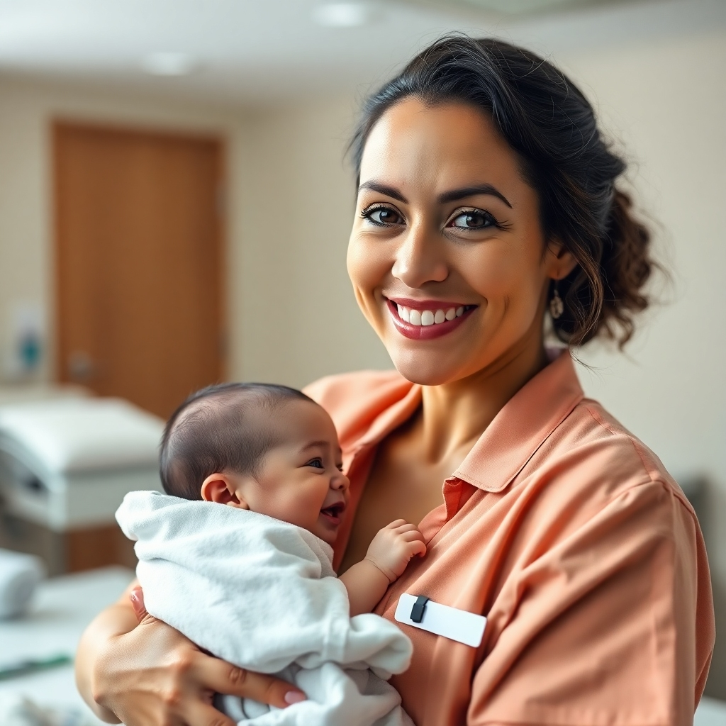 A photorealistic image of a smiling, experienced midwife with kind eyes, gently holding a newborn baby. The midwife wears a professional yet warm outfit. The background is a soft, blurred image of a birthing suite with natural lighting, conveying a sense of calm and trust.