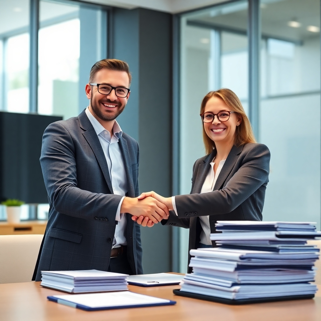 A photorealistic image of a smiling business owner shaking hands with a friendly accountant, in a modern, professional office setting, with a subtly visible stack of perfectly organized financial documents in the background. The image should project a feeling of security, trust, and compliance, conveying the reduction of financial risks.