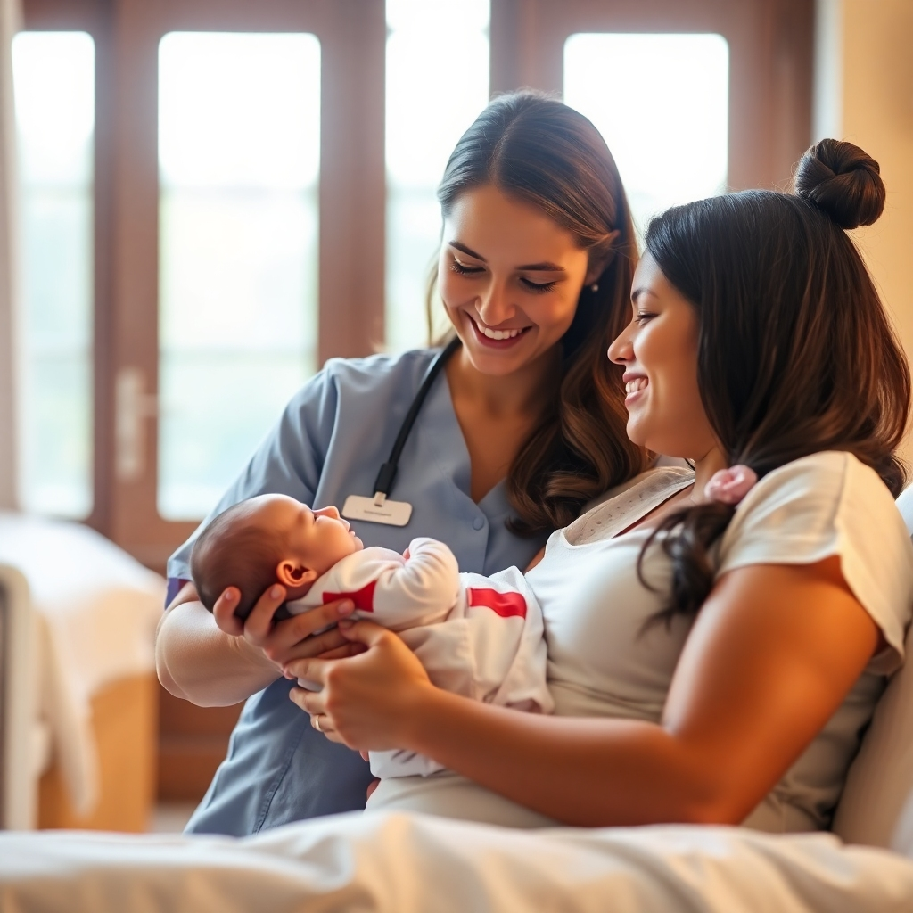 A photorealistic image of a smiling midwife gently holding a newborn baby while the mother looks on lovingly. The setting should be warm and inviting, like a softly lit birthing room, with natural light streaming in. Focus on the genuine connection and affection between the midwife, mother, and baby. High detail, 8k resolution.