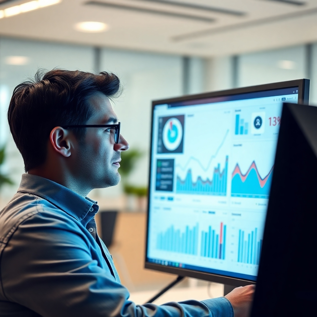 A photorealistic image of a social media manager reviewing data analytics on a large monitor, showcasing graphs, charts, and key performance indicators. The background is a clean, modern office. The expressions on the social media manager’s face convey thoughtful analysis and decision-making. The image should emphasize the importance of data-driven insights in social media marketing.