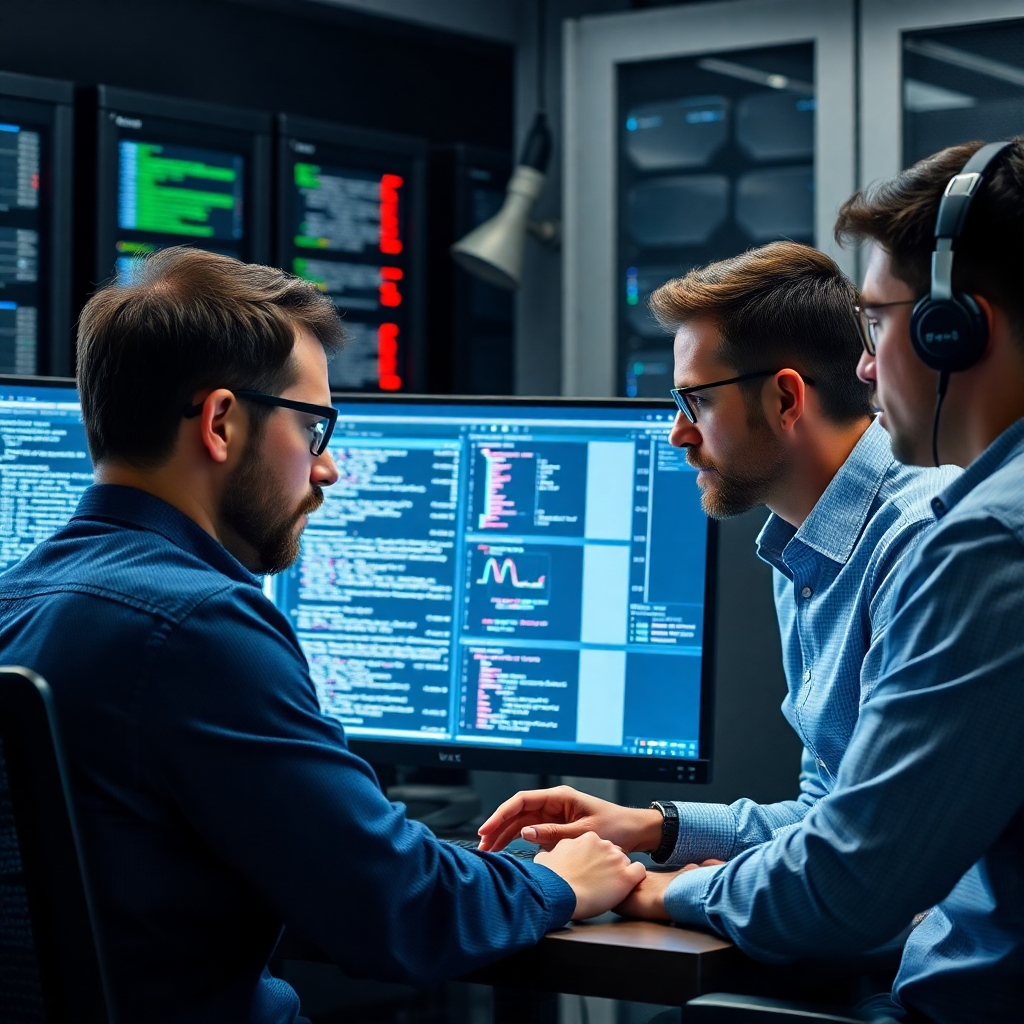 A photorealistic image of a software testing team meticulously examining a computer screen displaying detailed test results, graphs, and logs. The setting should be a professional tech office, with monitors displaying complex code.  In the background, a server rack subtly shows the deployment aspect. The overall feel should convey precision, attention to detail, and successful software release.