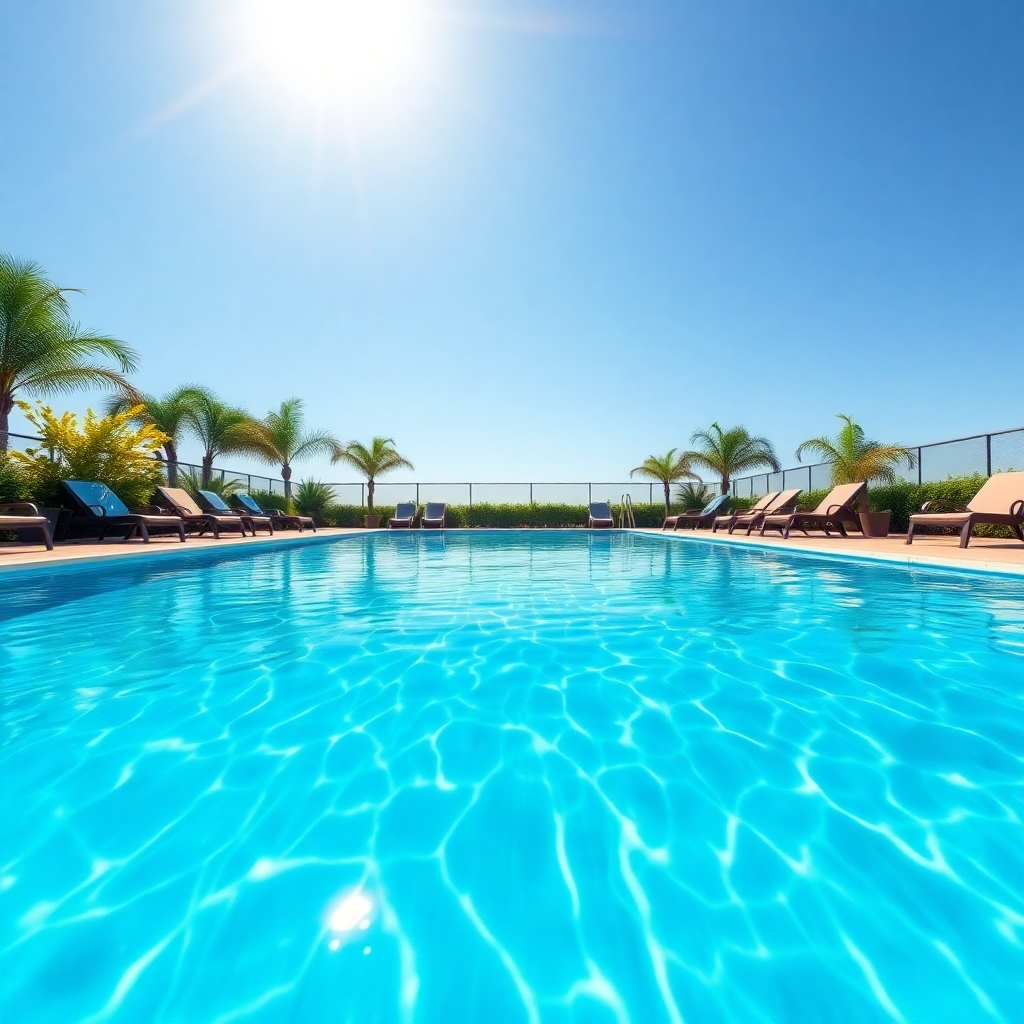 A photorealistic image of a sparkling clean swimming pool, with clear blue water, surrounded by lush greenery and comfortable lounge chairs. The sun is shining brightly, and the pool is meticulously clean, free of debris and algae. The image should evoke a sense of relaxation and luxury.