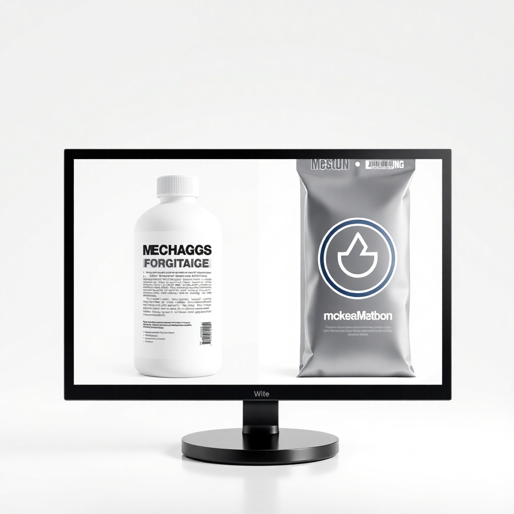 A photorealistic image of a split screen. One side shows a generic, forgettable product packaging. The other shows a sleek, modern package design with a memorable logo, evoking a feeling of high quality and recognition.  The background should be a clean, modern white.