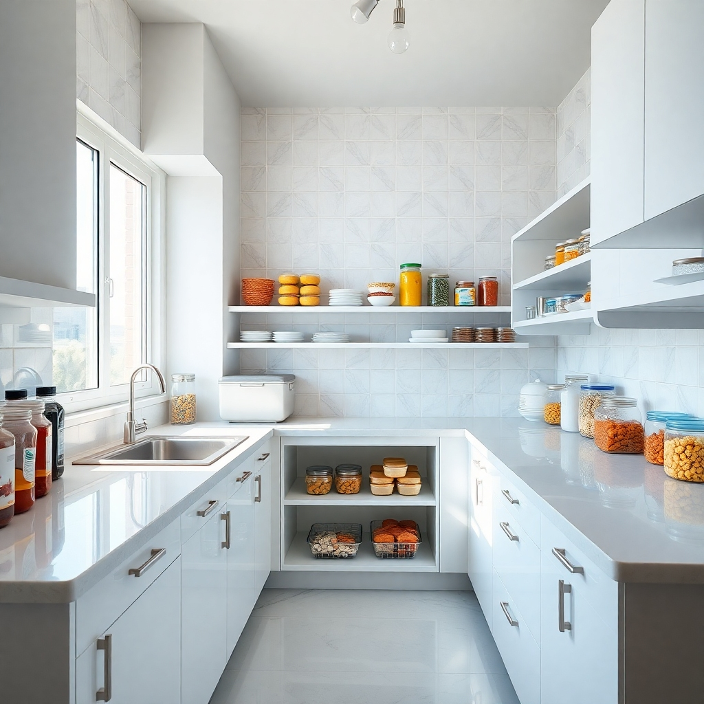 A photorealistic image of a sparkling clean kitchen, with countertops wiped down, floors spotless, and all food stored in sealed containers. The image should convey a sense of orderliness and hygiene, emphasizing the absence of any crumbs or food scraps that might attract pests. The lighting should be bright and natural.